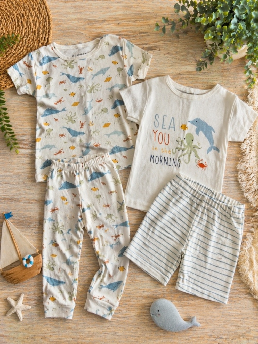 Toddler Boy Pajama Bundle 2T Ocean Whale Set + “Sea You” Short Set Summer PJ Lot